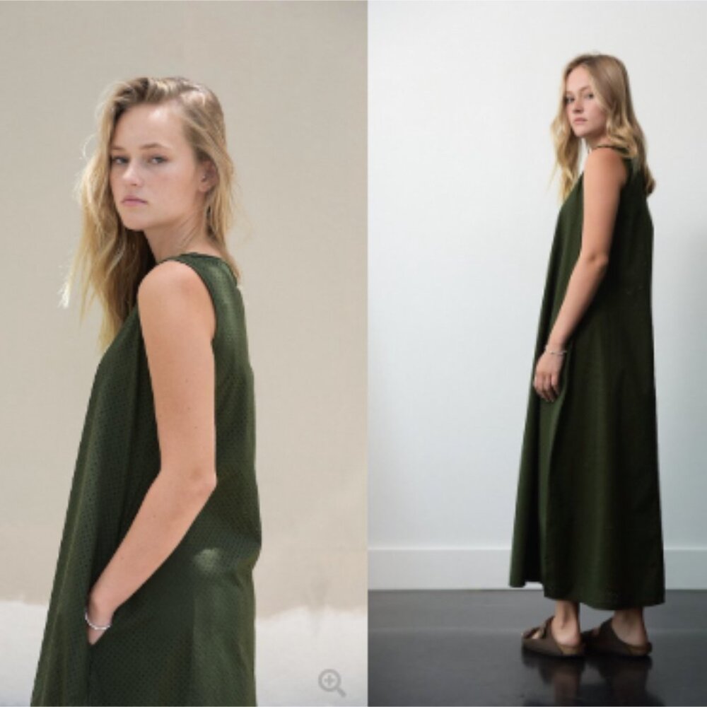 LABO.ART Abito Happy Dress Dark Olive Green Perforated Cotton Sleeveless Maxi - Picture 2 of 13